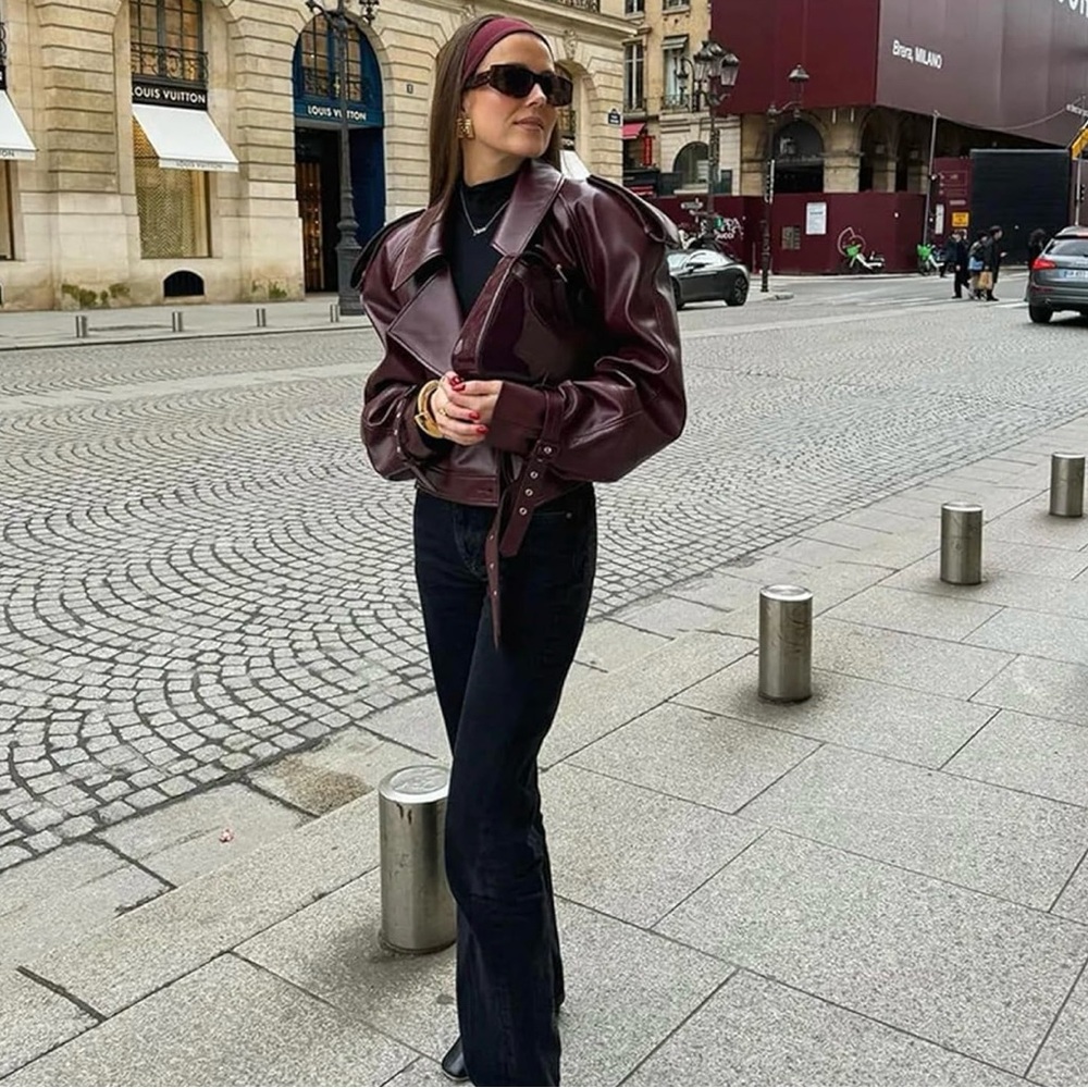 Wine colored faux leather oversized motorcycle jacket - Picture 4 of 7